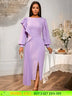 AOMEIDRESS Women Pleated Bodycon Dress Lantern Sleeve Party Clothing Lavender / S