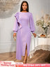 AOMEIDRESS Women Pleated Bodycon Dress Lantern Sleeve Party Clothing Lavender / S