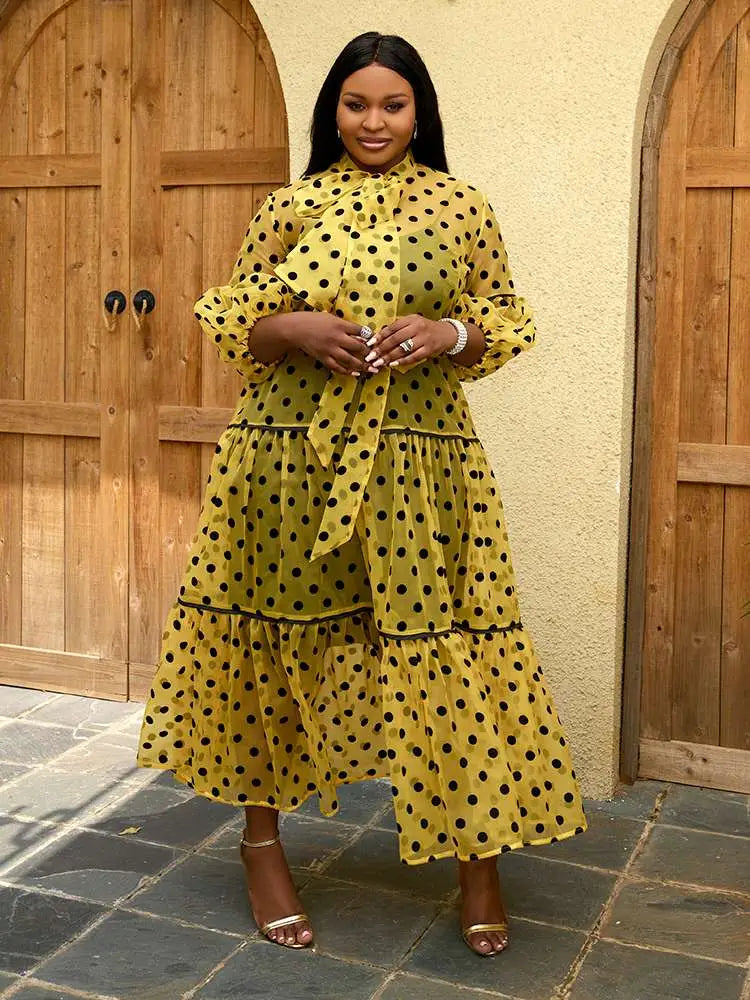 AOMEIDRESS Women Polka Dots Print Holiday Party Dresses Tulle A-line Dress Yellow / 1XL