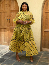 AOMEIDRESS Women Polka Dots Print Holiday Party Dresses Tulle A-line Dress Yellow / 1XL