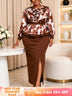 AOMEIDRESS Women Printed Dress Ruffle O Ncek Puff Sleeve Peplum Belt - Brown / L