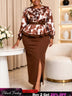 AOMEIDRESS Women Printed Dress Ruffle O Ncek Puff Sleeve Peplum Belt - Brown / L