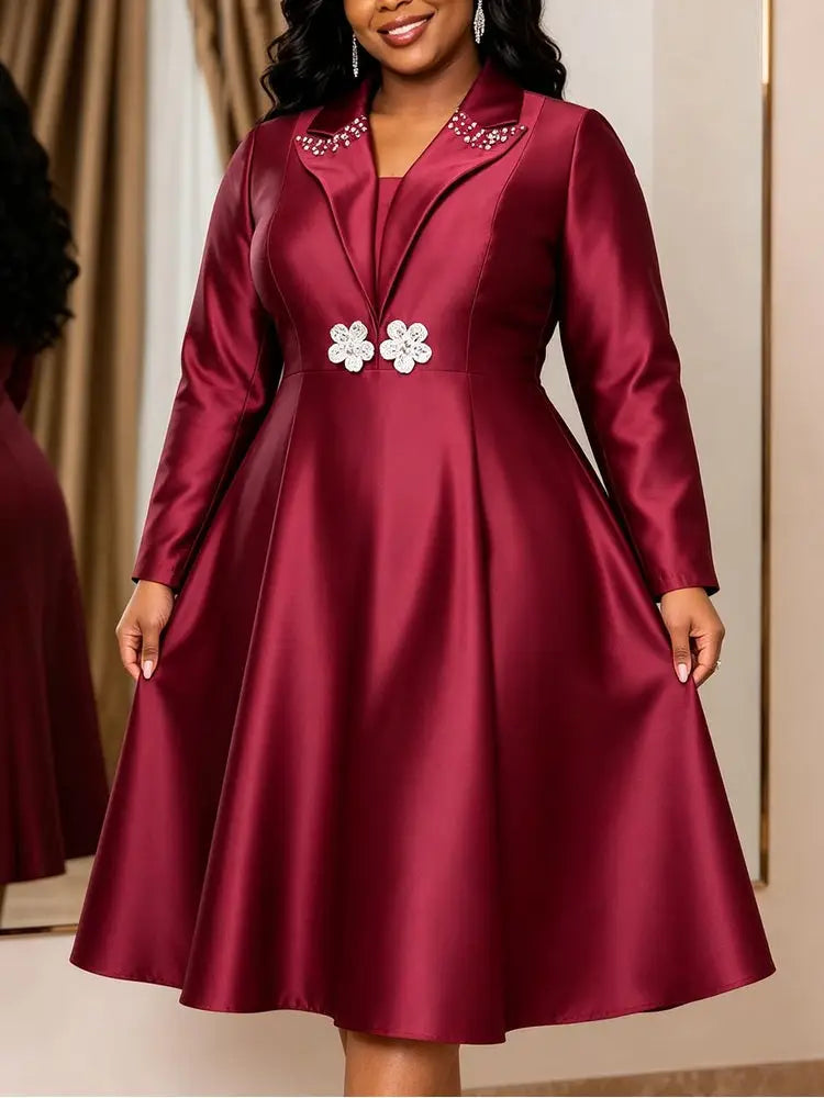 AOMEIDRESS Women Satin A Line Dress Square Collar Beaded Long Sleeve