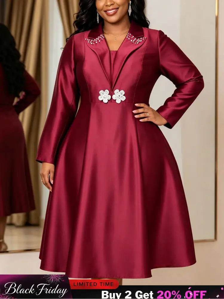 AOMEIDRESS Women Satin A Line Dress Square Collar Beaded Long Sleeve - Wine / L