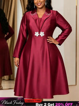 AOMEIDRESS Women Satin A Line Dress Square Collar Beaded Long Sleeve - Wine / L