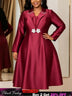 AOMEIDRESS Women Satin A Line Dress Square Collar Beaded Long Sleeve - Wine / L