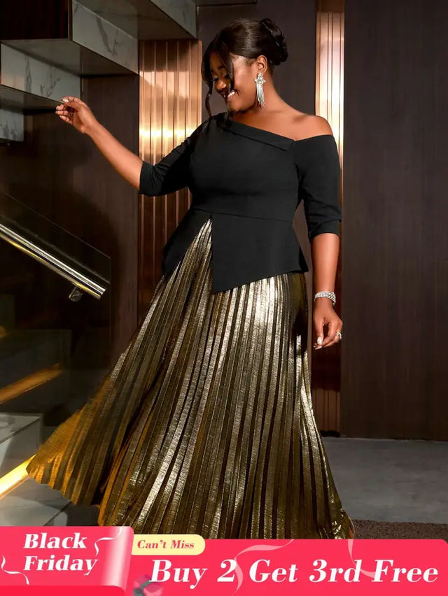 AOMEIDRESS Women Skirts Sets Irregular Black Half Sleeve High Elastic Waist
