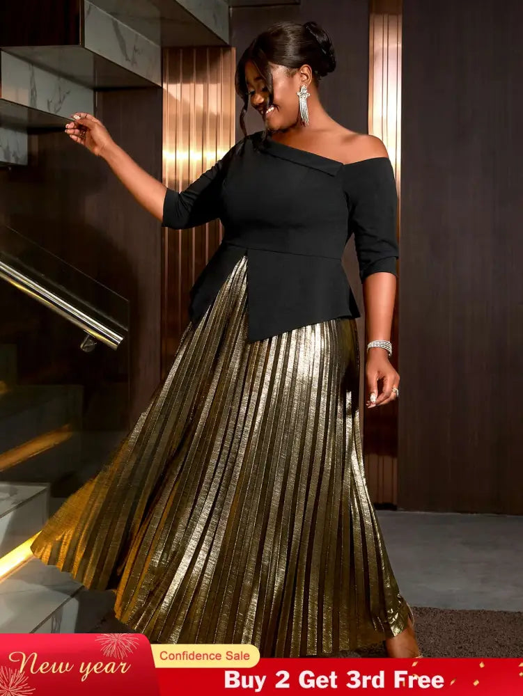 AOMEIDRESS Women Skirts Sets Irregular Black Half Sleeve High Elastic Waist
