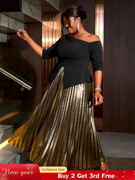 AOMEIDRESS Women Skirts Sets Irregular Black Half Sleeve High Elastic Waist
