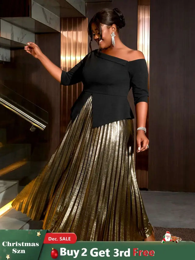 AOMEIDRESS Women Skirts Sets Irregular Black Half Sleeve High Elastic Waist
