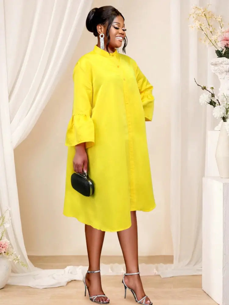 button up long flare sleeve dress