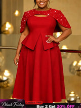 AOMEIDRESS Women Two Piece Set Beaded Cape Peplum A Line Tank Dress - Red / L