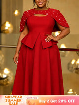AOMEIDRESS Women Two Piece Set Beaded Cape Peplum A Line Tank Dress - Red / L