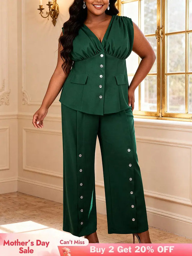 AOMEIDRESS Women Two Piece Set Button V Neck Sleeveless Long Pants - DarkGreen / 0XL