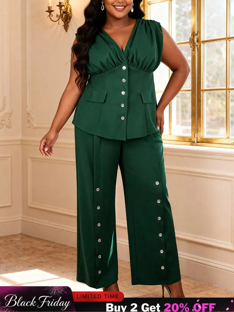 AOMEIDRESS Women Two Piece Set Button V Neck Sleeveless Long Pants - DarkGreen / 0XL