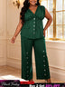 AOMEIDRESS Women Two Piece Set Button V Neck Sleeveless Long Pants - DarkGreen / 0XL