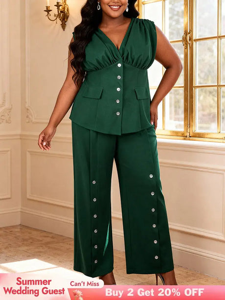 AOMEIDRESS Women Two Piece Set Button V Neck Sleeveless Long Pants - DarkGreen / 0XL
