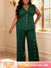 AOMEIDRESS Women Two Piece Set Button V Neck Sleeveless Long Pants - DarkGreen / 0XL
