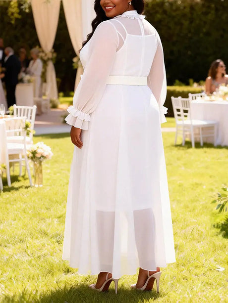 AOMEIDRESS Women Two Piece Set Chiffon Dress Long Sleeve Belt Ruffles