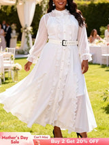 AOMEIDRESS Women Two Piece Set Chiffon Dress Long Sleeve Belt Ruffles - White / L