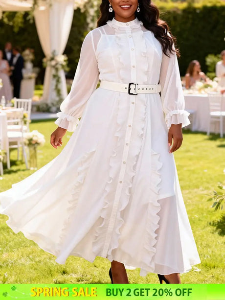 AOMEIDRESS Women Two Piece Set Chiffon Dress Long Sleeve Belt Ruffles - White / L