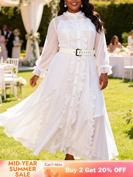 AOMEIDRESS Women Two Piece Set Chiffon Dress Long Sleeve Belt Ruffles - White / L