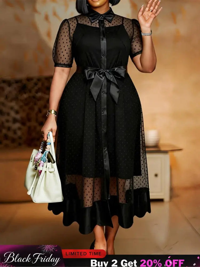 AOMEIDRESS Women Two Piece Set Lapel Puff Sleeve Bow Inner Tank Dress - Black / S