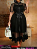 AOMEIDRESS Women Two Piece Set Lapel Puff Sleeve Bow Inner Tank Dress - Black / S