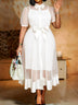 AOMEIDRESS Women Two Piece Set Lapel Puff Sleeve Bow Inner Tank Dress - White / S