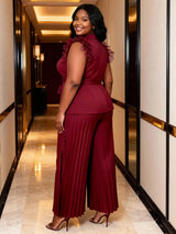 AOMEIDRESS Women Two Piece Set Ruffled Belted Blouse Wide Leg Pants