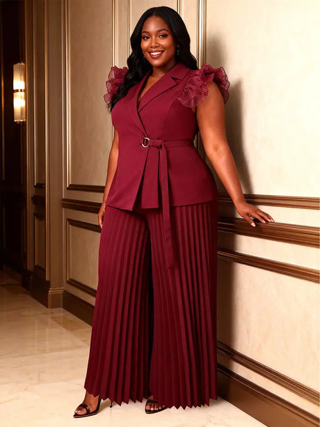 AOMEIDRESS Women Two Piece Set Ruffled Belted Blouse Wide Leg Pants