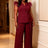 AOMEIDRESS Women Two Piece Set Ruffled Belted Blouse Wide Leg Pants Wine / L