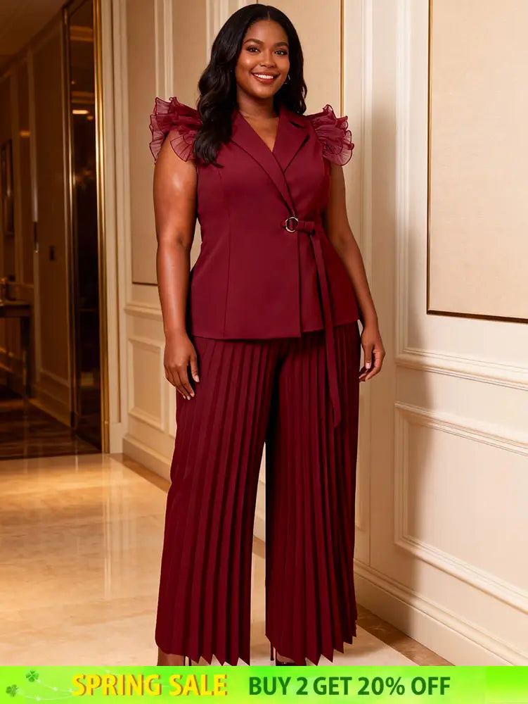 AOMEIDRESS Women Two Piece Set Ruffled Belted Blouse Wide Leg Pants Wine / L