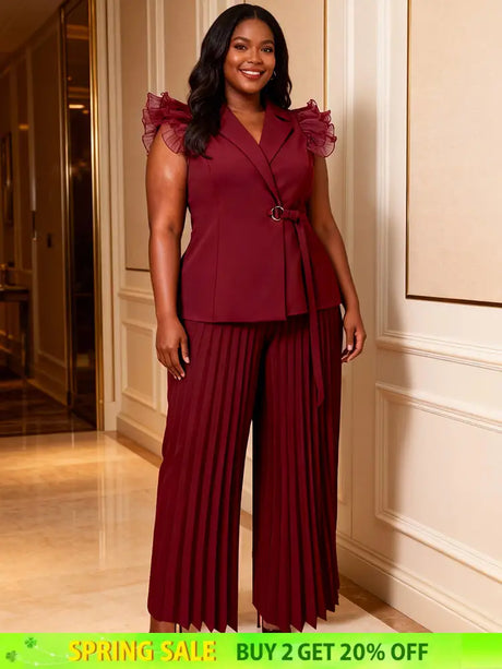 AOMEIDRESS Women Two Piece Set Ruffled Belted Blouse Wide Leg Pants Wine / L