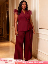 AOMEIDRESS Women Two Piece Set Ruffled Belted Blouse Wide Leg Pants Wine / L