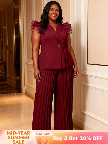 AOMEIDRESS Women Two Piece Set Ruffled Belted Blouse Wide Leg Pants Wine / L