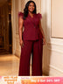 AOMEIDRESS Women Two Piece Set Ruffled Belted Blouse Wide Leg Pants Wine / L