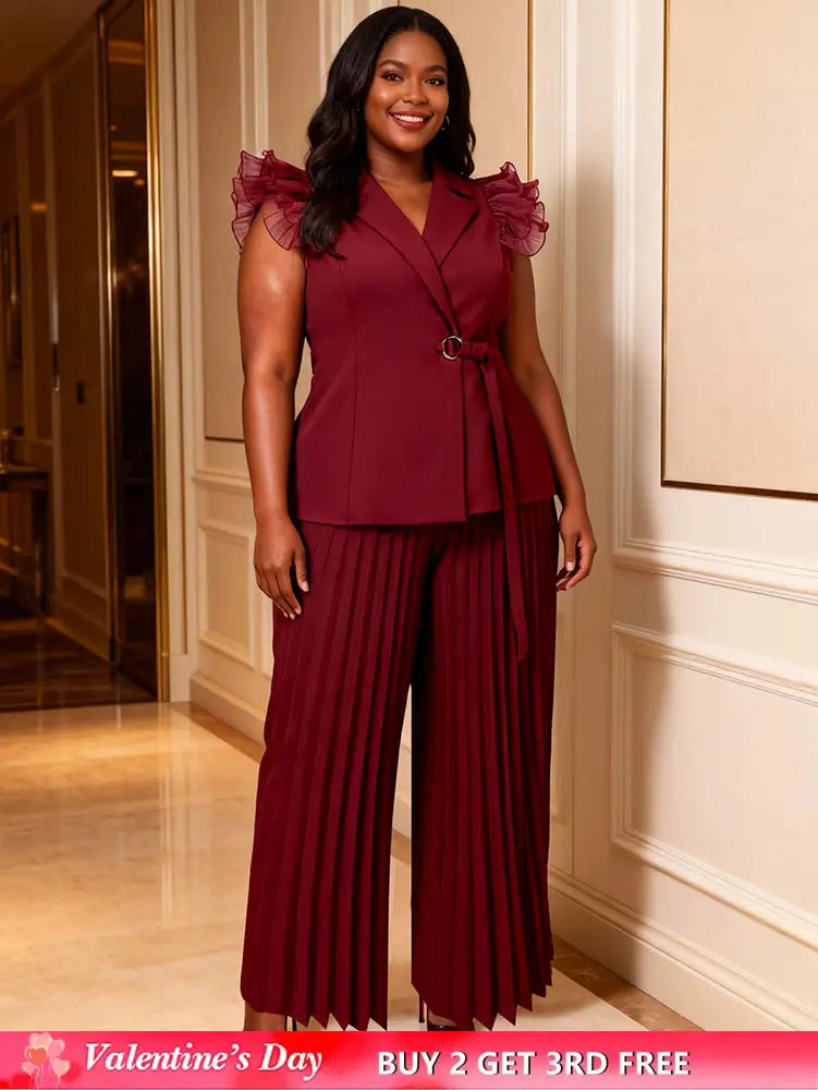 AOMEIDRESS Women Two Piece Set Ruffled Belted Blouse Wide Leg Pants Wine / L