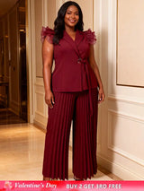 AOMEIDRESS Women Two Piece Set Ruffled Belted Blouse Wide Leg Pants Wine / L