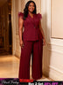 AOMEIDRESS Women Two Piece Set Ruffled Belted Blouse Wide Leg Pants Wine / L
