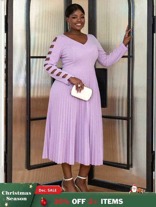 Purple Elegant Party Dress for Women long sleeve pleated dress