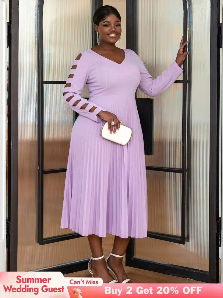 Purple Elegant Party Dress for Women long sleeve pleated dress
