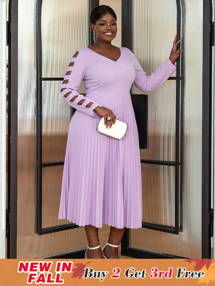Purple Elegant Party Dress for Women long sleeve pleated dress