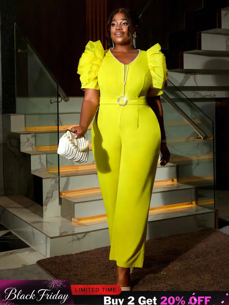 AOMEIDRESS Women’s Elegant Jumpsuit Casual Bubble Sleeves V-neck Green / S