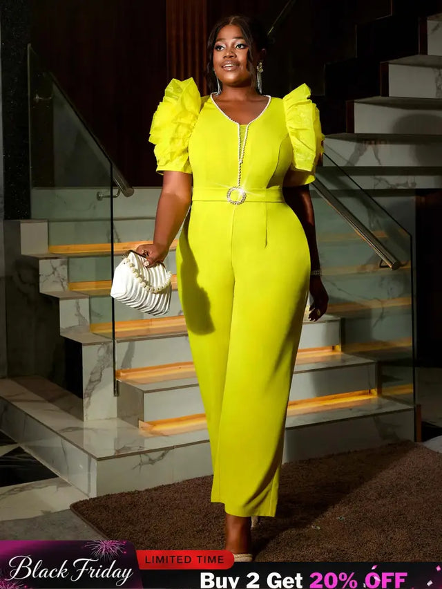 AOMEIDRESS Women’s Elegant Jumpsuit Casual Bubble Sleeves V-neck Green / S
