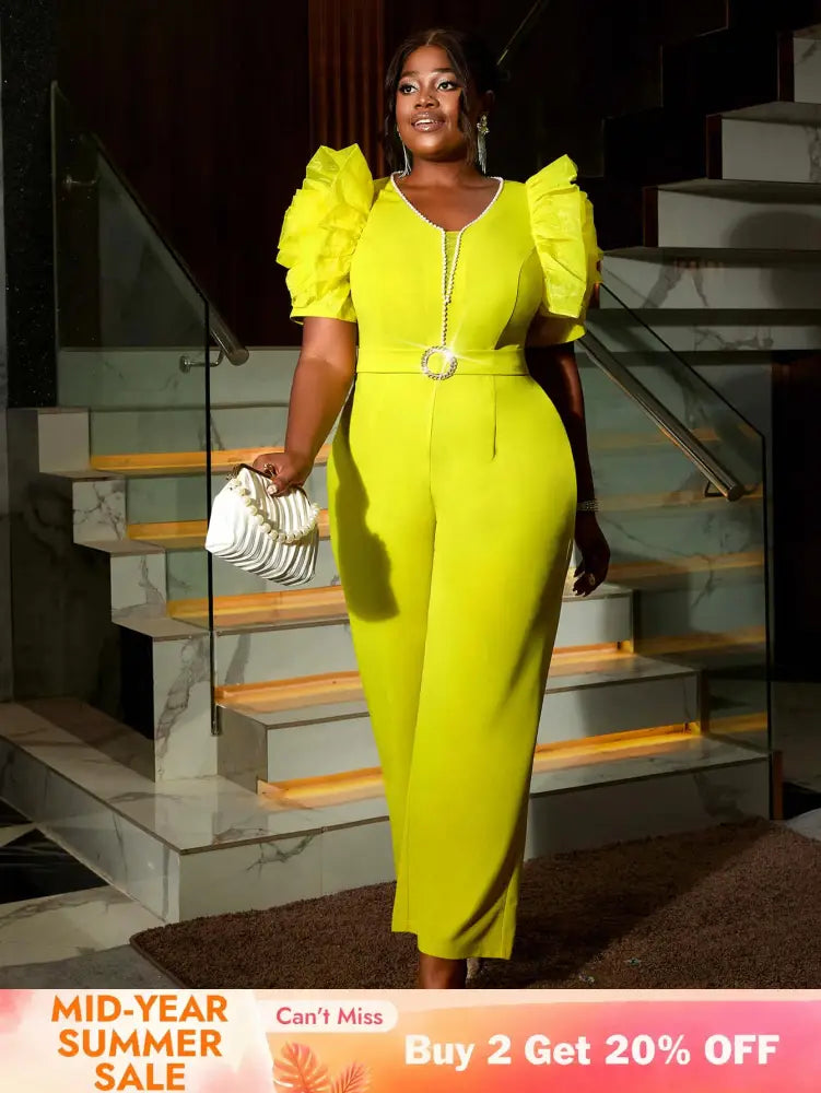 AOMEIDRESS Women’s Elegant Jumpsuit Casual Bubble Sleeves V-neck Green / S