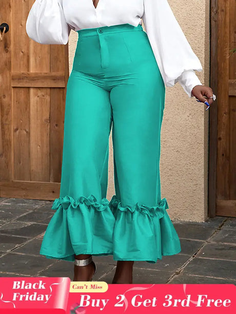 AOMEIDRESS Women‘s Fashion Shiny Pants With Ruffles Decoration Green / S