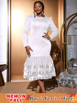 AOMEIDRESS Women’s Nail Bead Tight Fish Tail Dress Long Sleeved Round Neck White Bridal Shower Dresses White / S