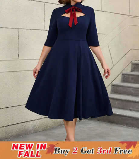 AOMEIDRESS Work Holiday Party Dress Hollow Out Bow Grace Draped Dress Navy / 0XL