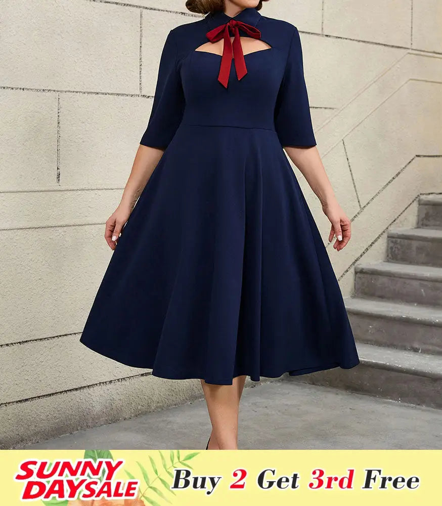 AOMEIDRESS Work Holiday Party Dress Hollow Out Bow Grace Draped Dress Navy / 0XL